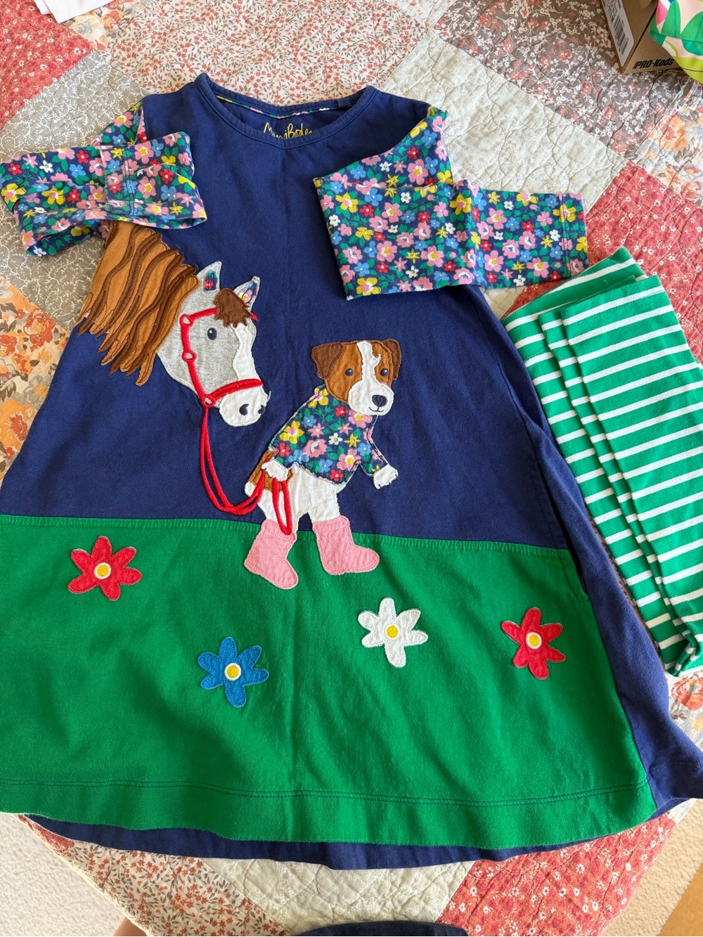 Mini Boden Navy, Green, & Floral Puppy Appliqué Dress with Striped Leggings